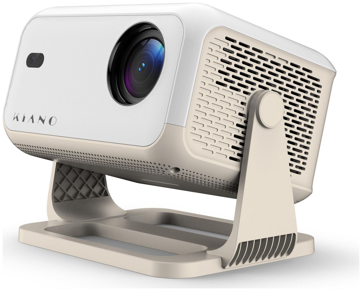 Biało-beżowy projektor Kiano na beżowym stojaku, skierowany w górę.