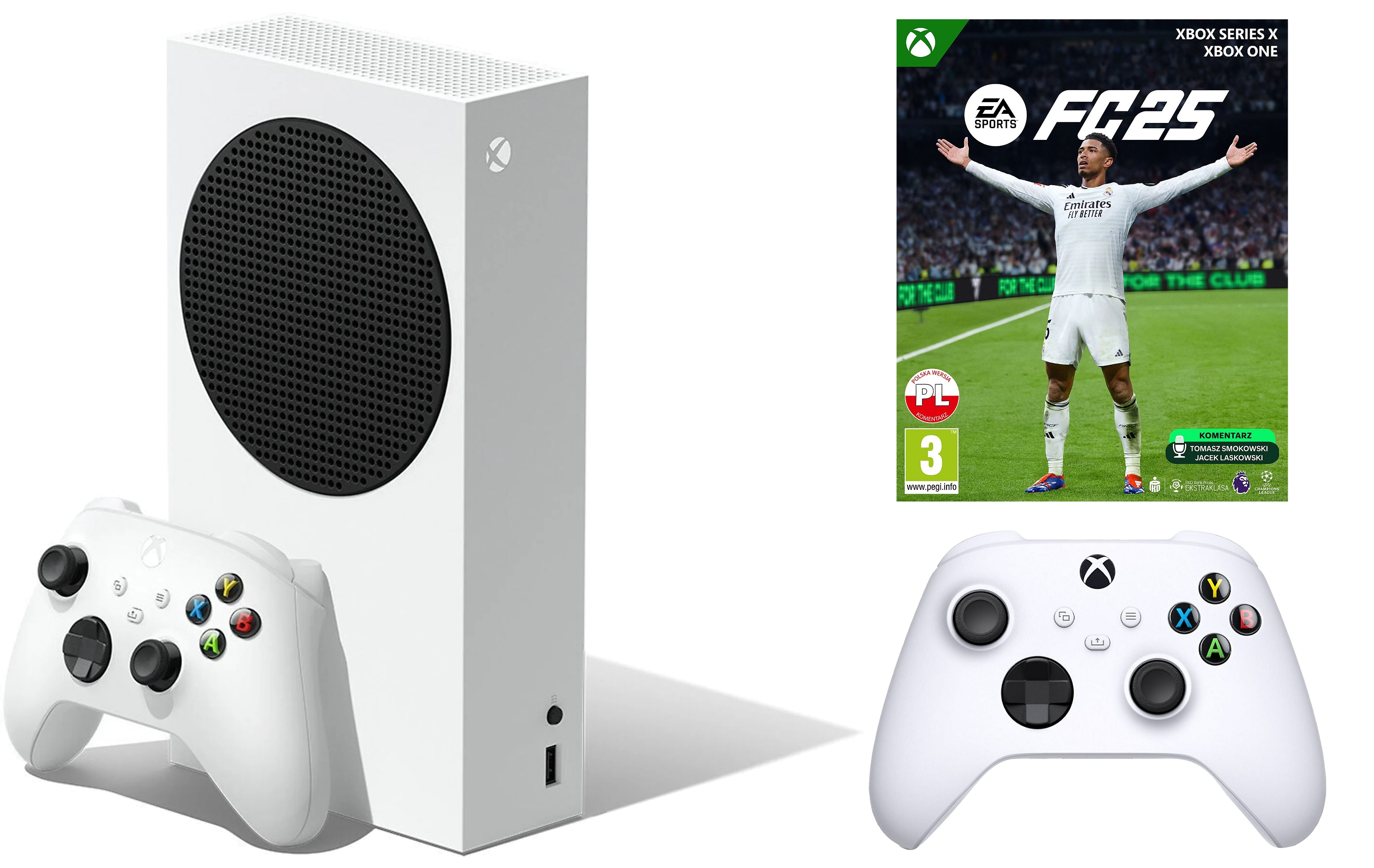 Biała konsola Xbox Series S, kontroler i gra FC25 z piłkarzem na okładce.