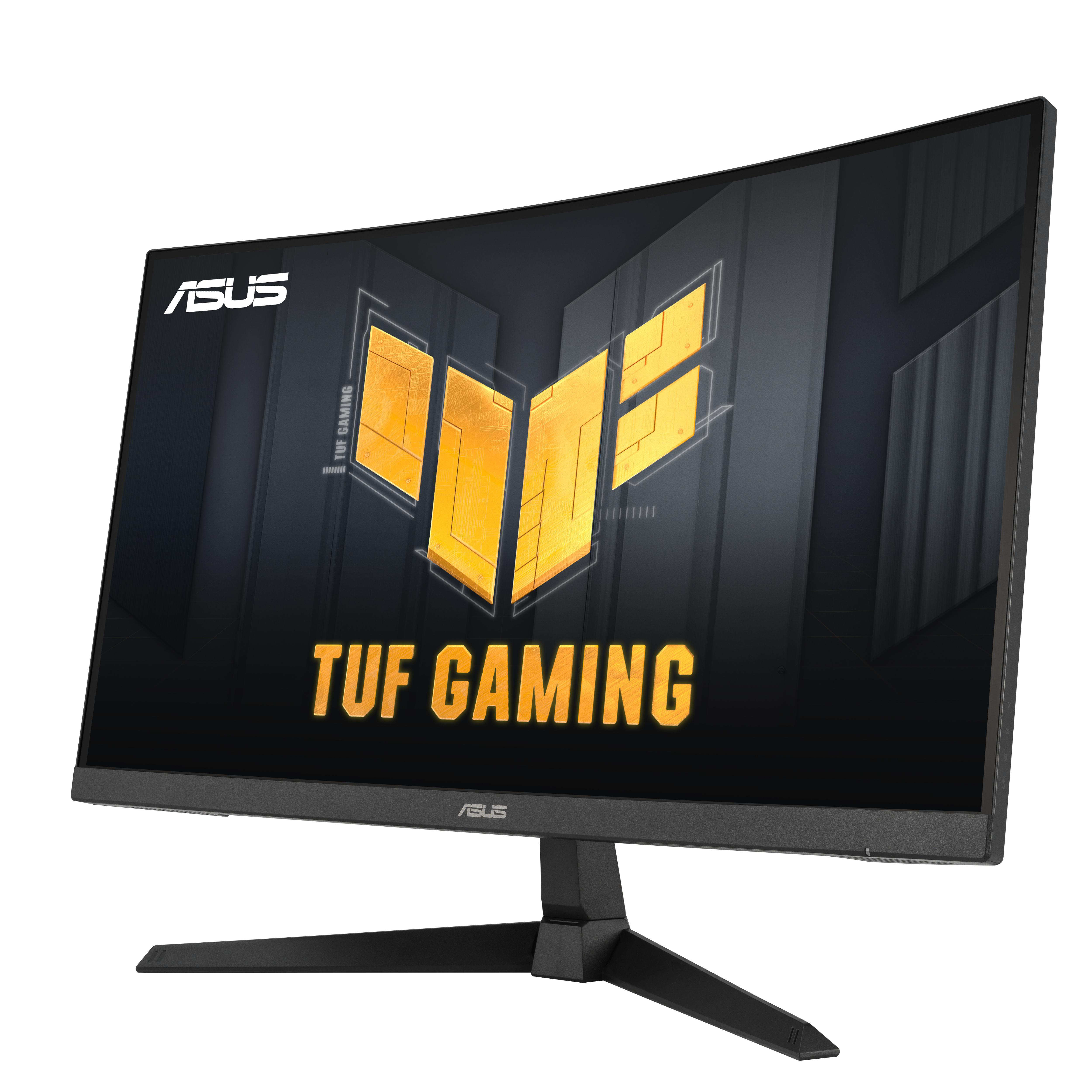 Schwarzer, gebogener Gaming-Monitor mit dem ASUS TUF GAMING-Logo.