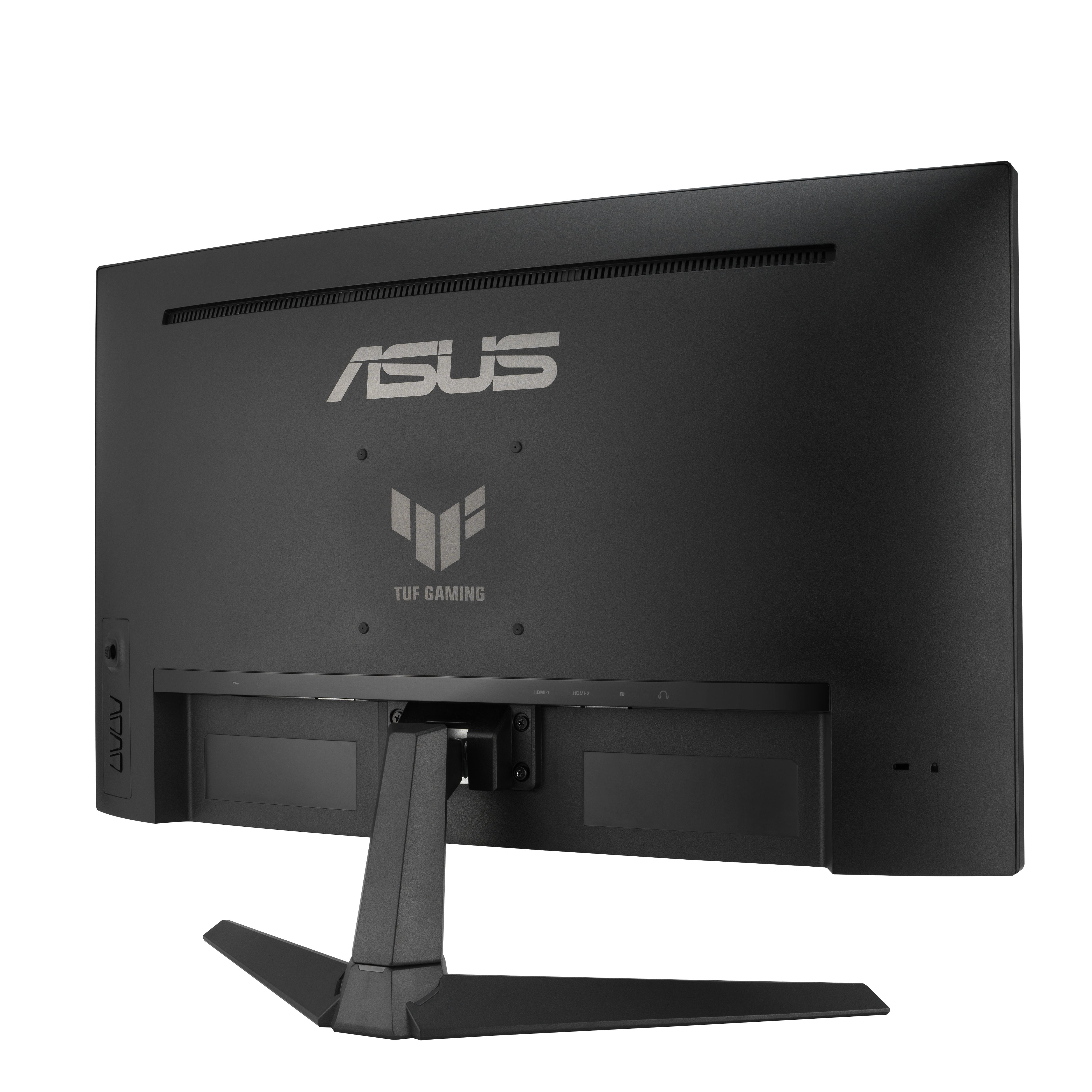 Die Rückseite eines schwarzen Monitors mit den Logos von ASUS und TUF GAMING und einem Ständer.