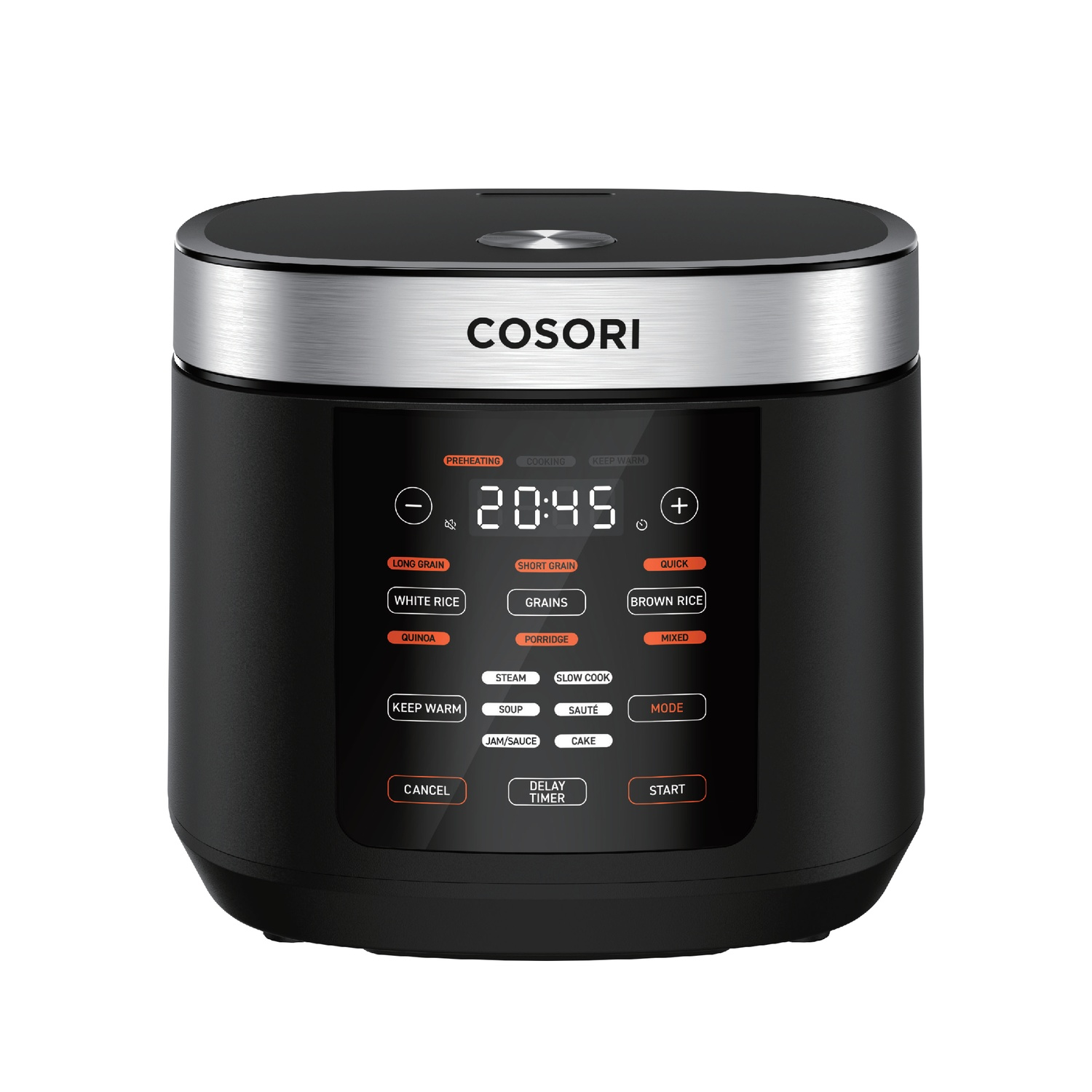 A black and silver rice cooker with a digital display and various function buttons for cooking options.