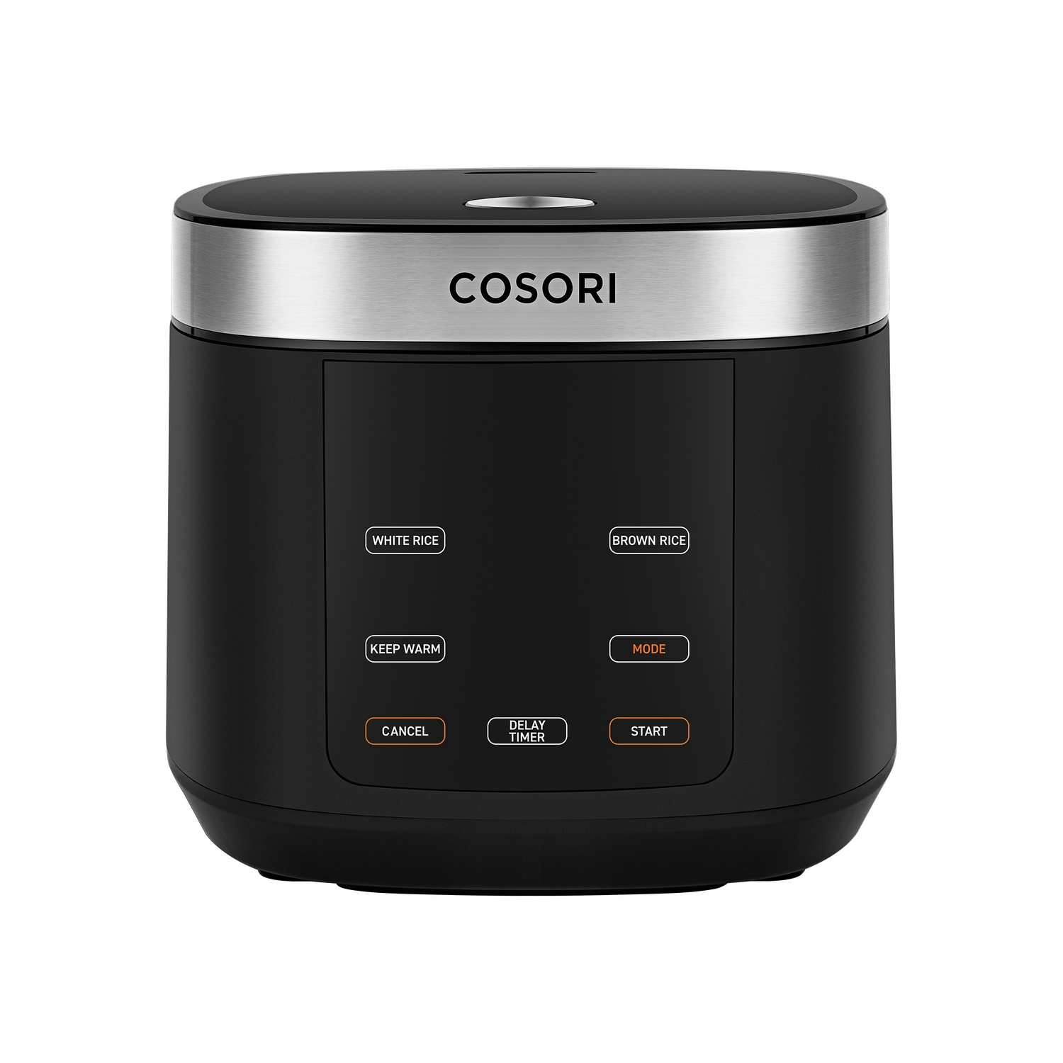 A black and silver Cosori rice cooker with touch buttons. White rice, Brown rice, Keep warm.