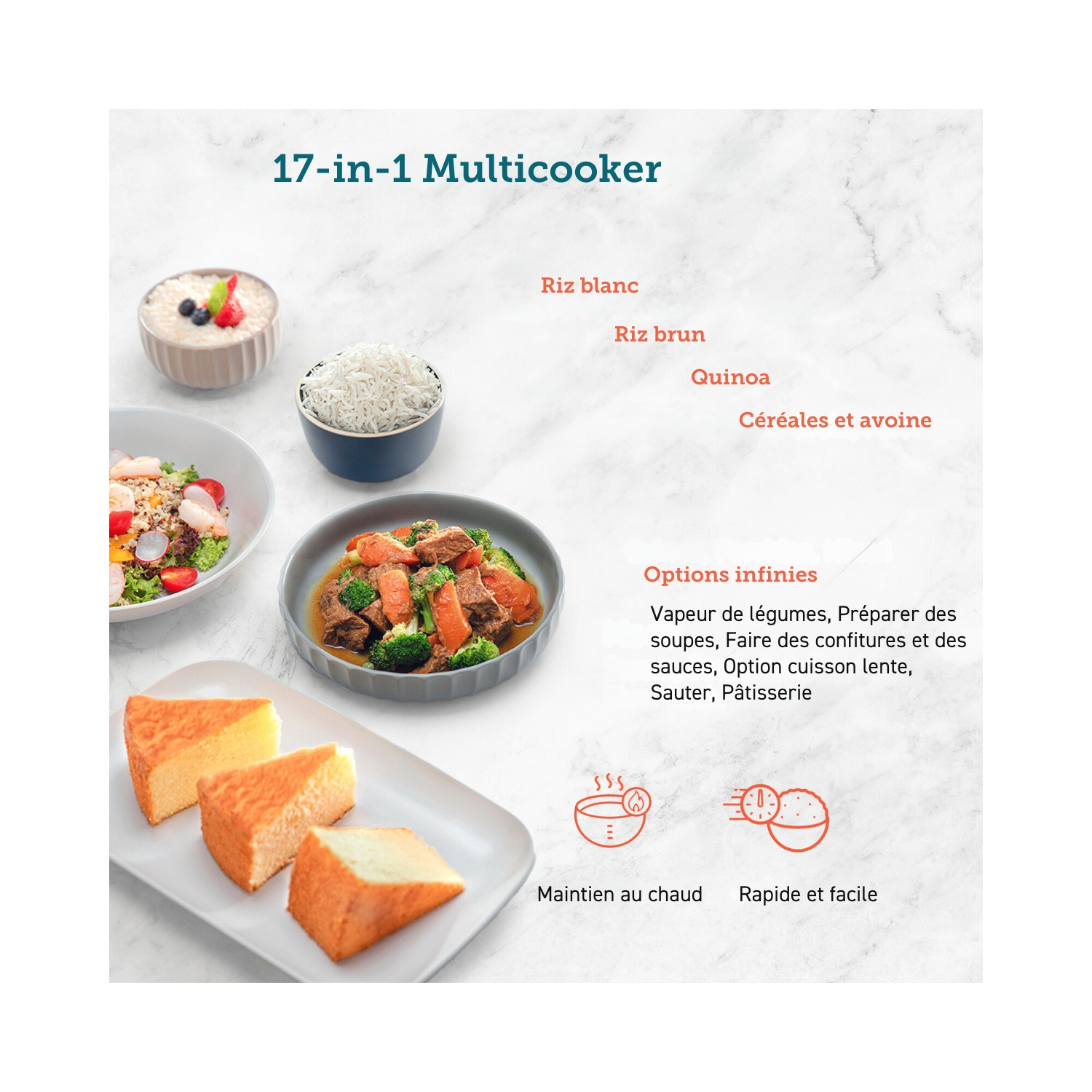 Un fond blanc montre un multicuiseur avec divers plats comme du riz, du quinoa et des légumes. Inclut du texte.