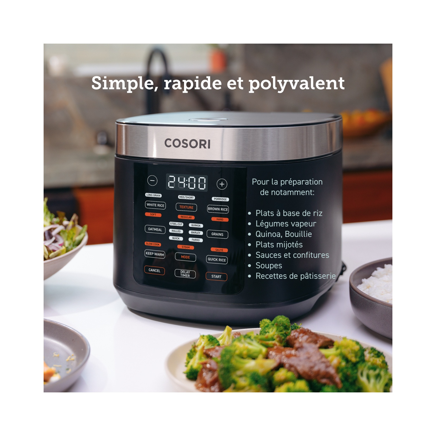 Un multicuiseur Cosori noir avec du texte, des bols et une assiette avec de la nourriture.