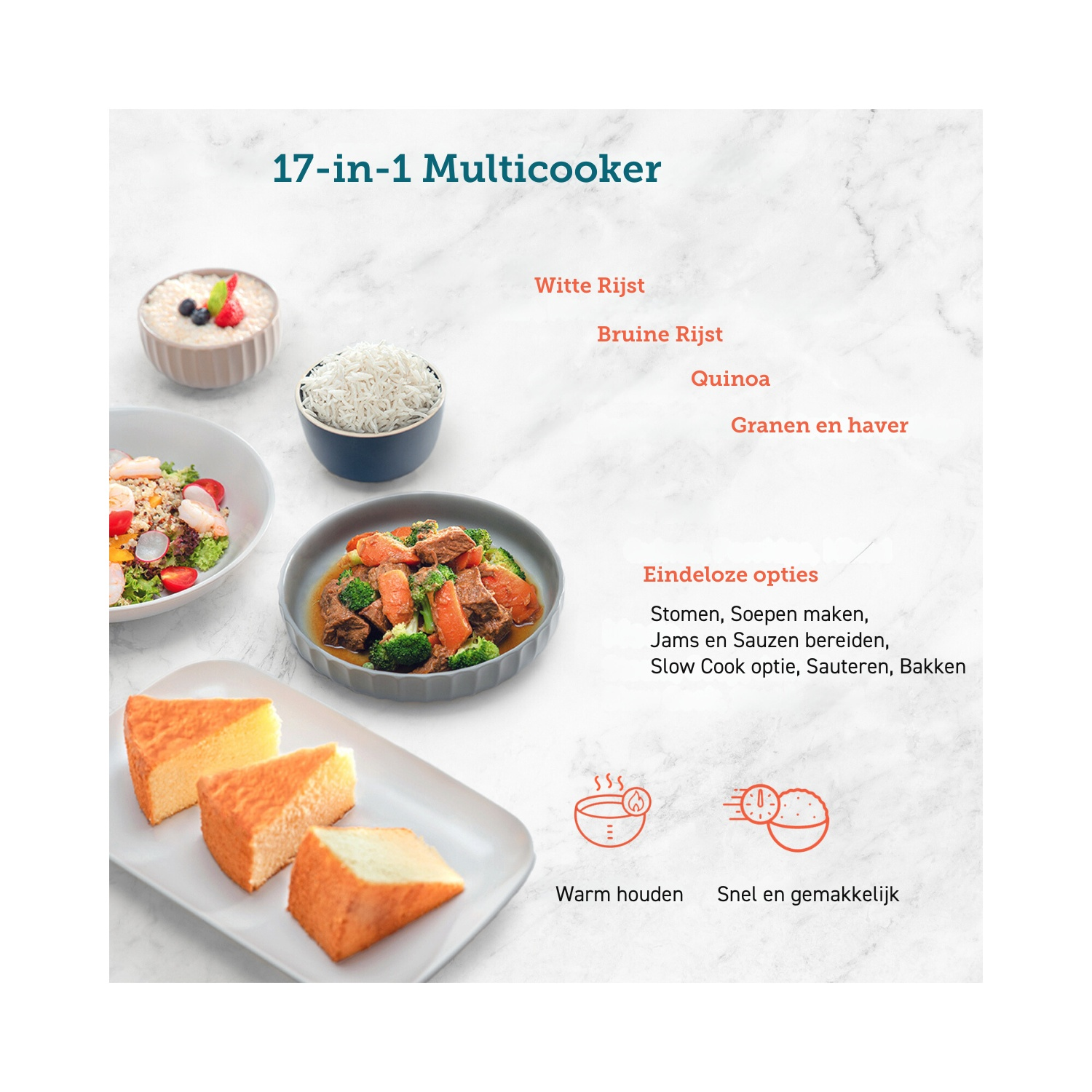 A multicooker image with cooked meals and ingredients, with text in Dutch promoting its features.