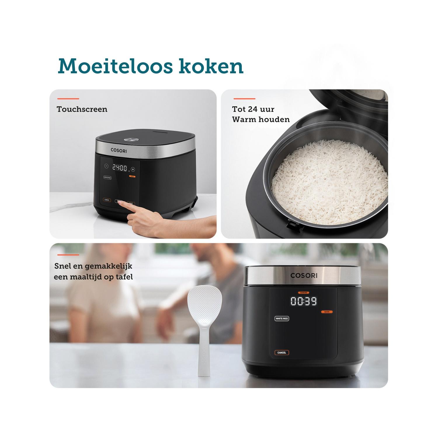 A black rice cooker with a touchscreen, and text indicating ease of use and warm keeping.