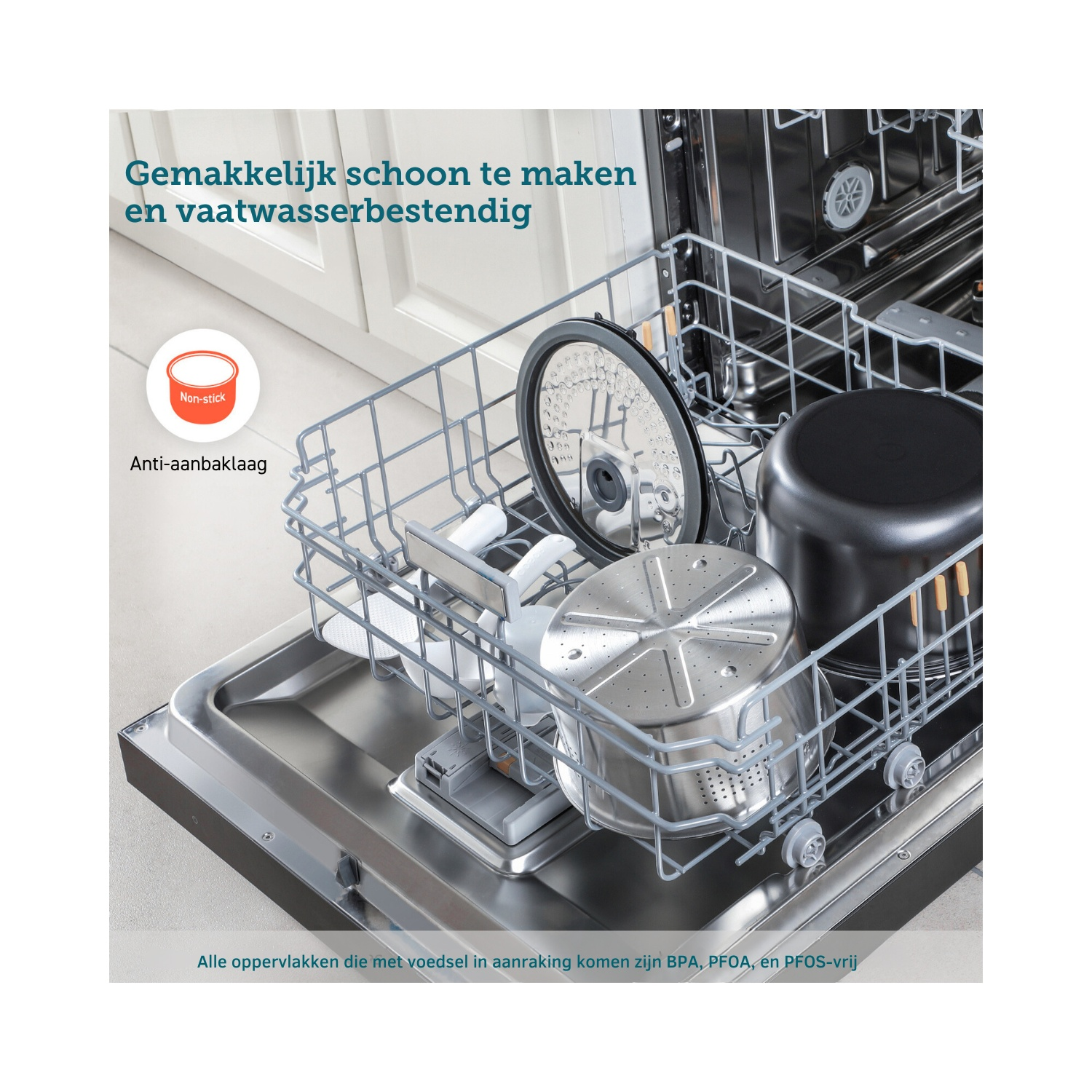 Dishwasher with various kitchen utensils inside.
