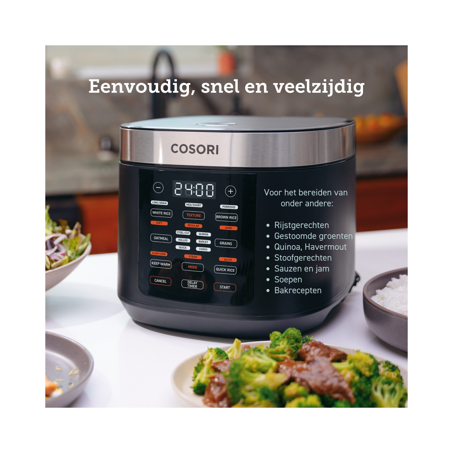 Black rice cooker with food in front, text in Dutch.