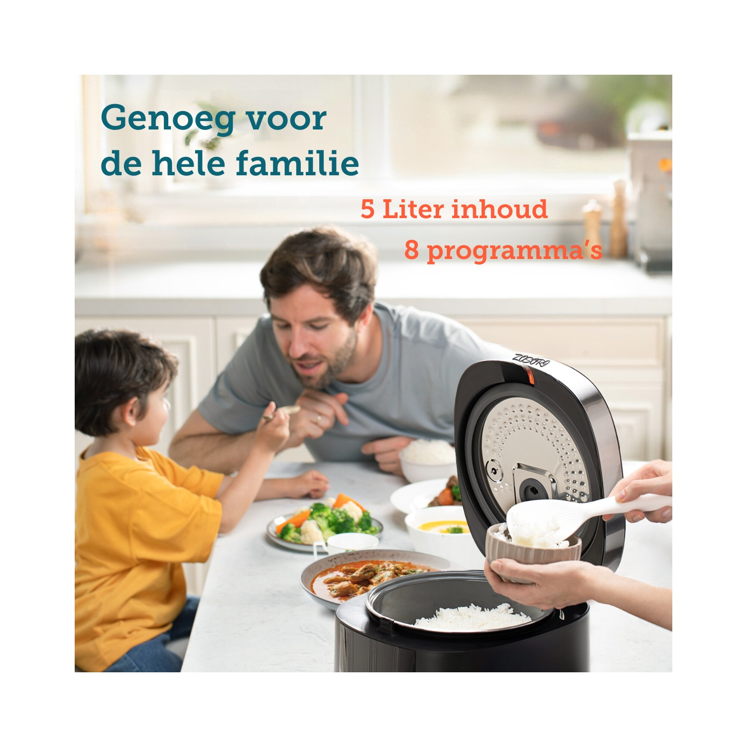A family is eating a meal together, with a man serving rice from a black rice cooker.