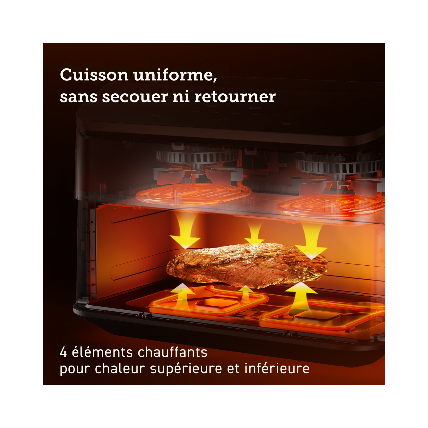Gros plan d'un appareil de cuisson. Montre les éléments chauffants et les aliments cuits à l'intérieur.