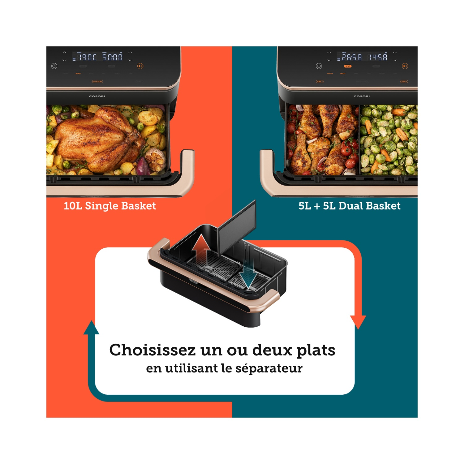 Une friteuse à air avec deux compartiments avec du poulet et des légumes. Le texte en français suggère l'utilisation d'un séparateur.