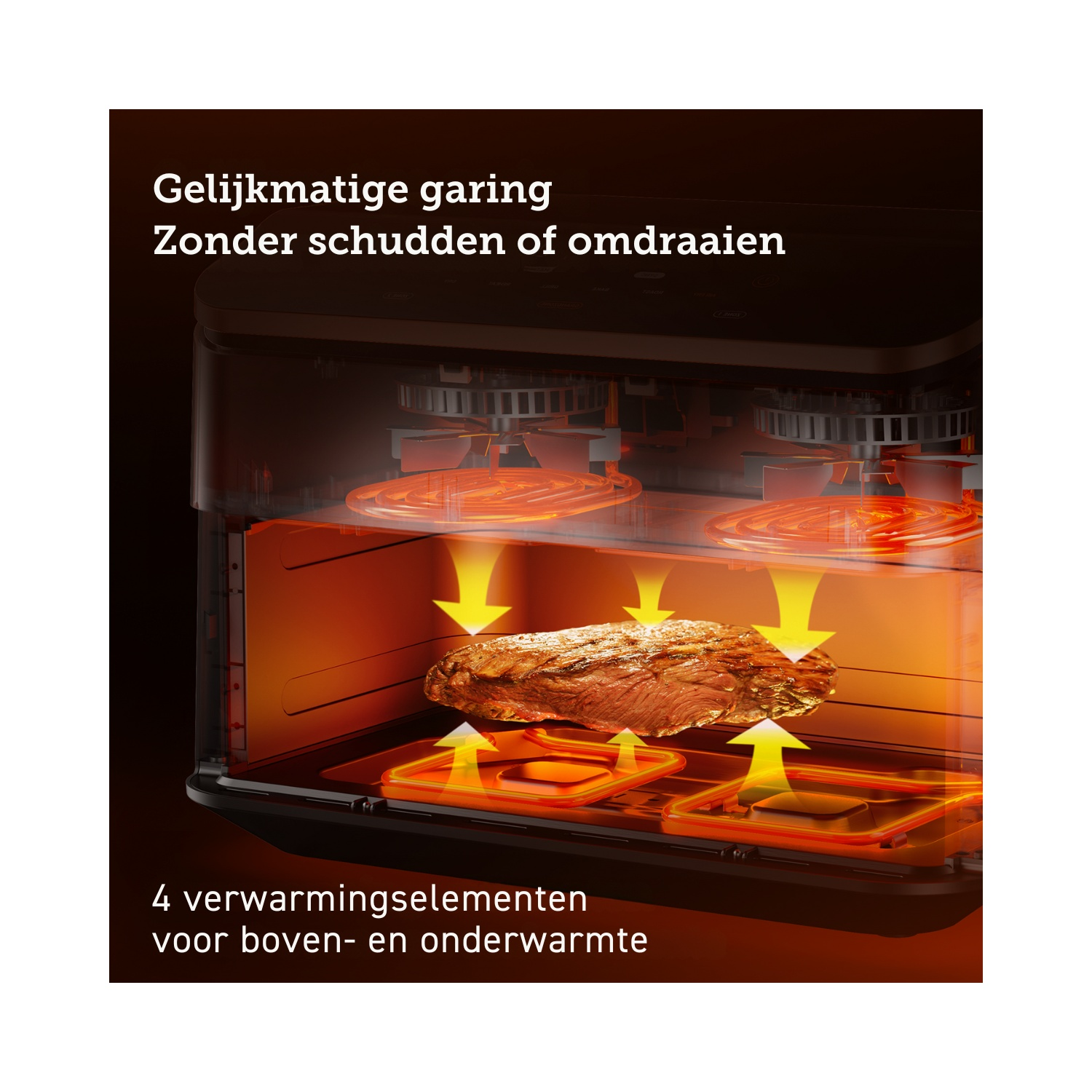 Een oveninterieur, met een gebakken steak met verwarmingselementen boven en beneden.