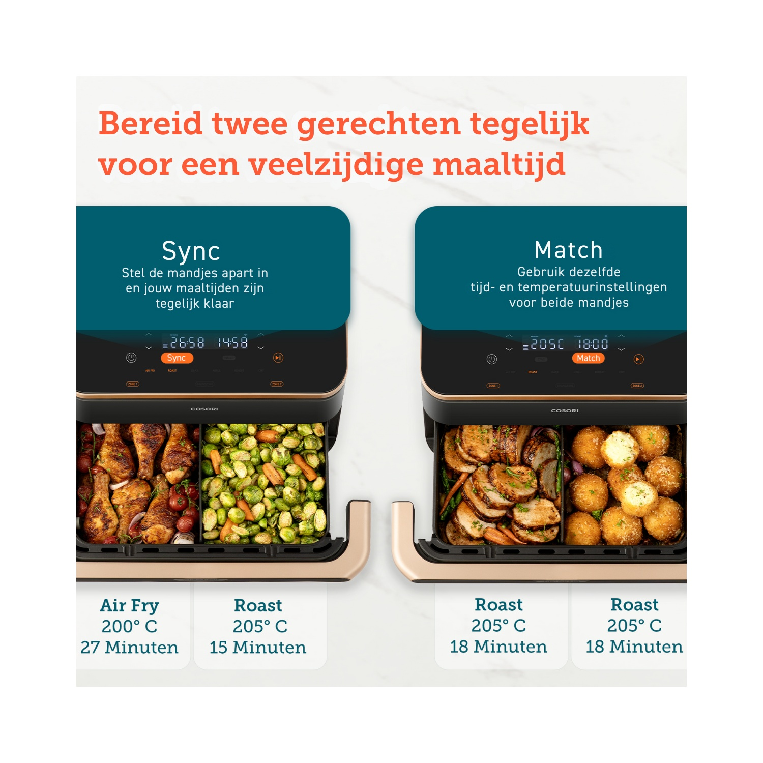 Airfryer toont eten, instellingen. Tekst: Sync, Match. Twee secties. Eten: kip, groenten, braadstuk, friet.