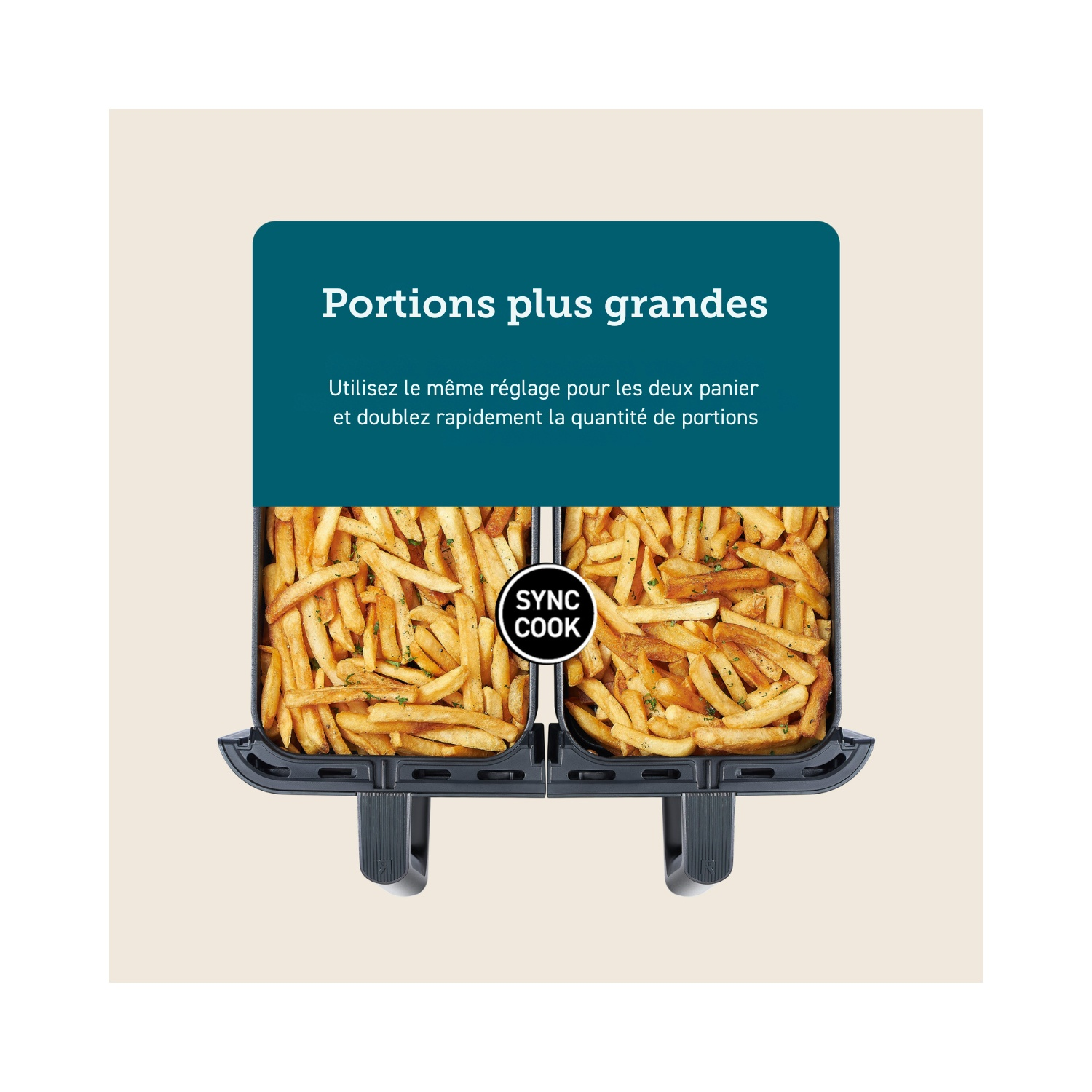 Deux paniers de friteuse avec des frites sont présentés. Le texte est au-dessus des paniers. Le fond est blanc.