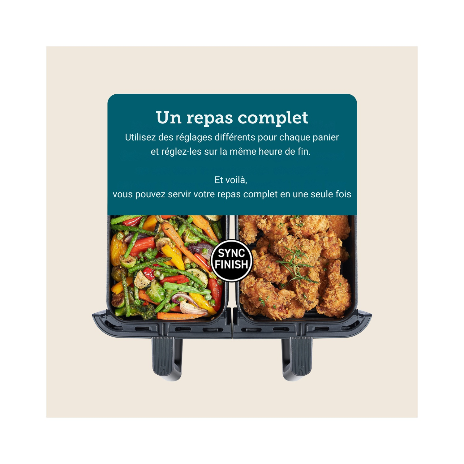 Une image montrant deux compartiments avec des aliments cuits dans une friteuse à air, avec la fonction de finition synchrone.