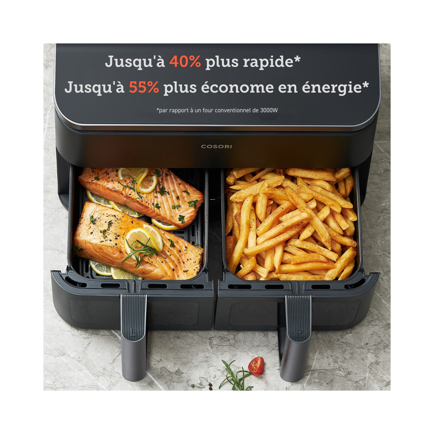 Une friteuse à air avec du saumon et des frites cuits, avec du texte soulignant la vitesse et l'efficacité énergétique.