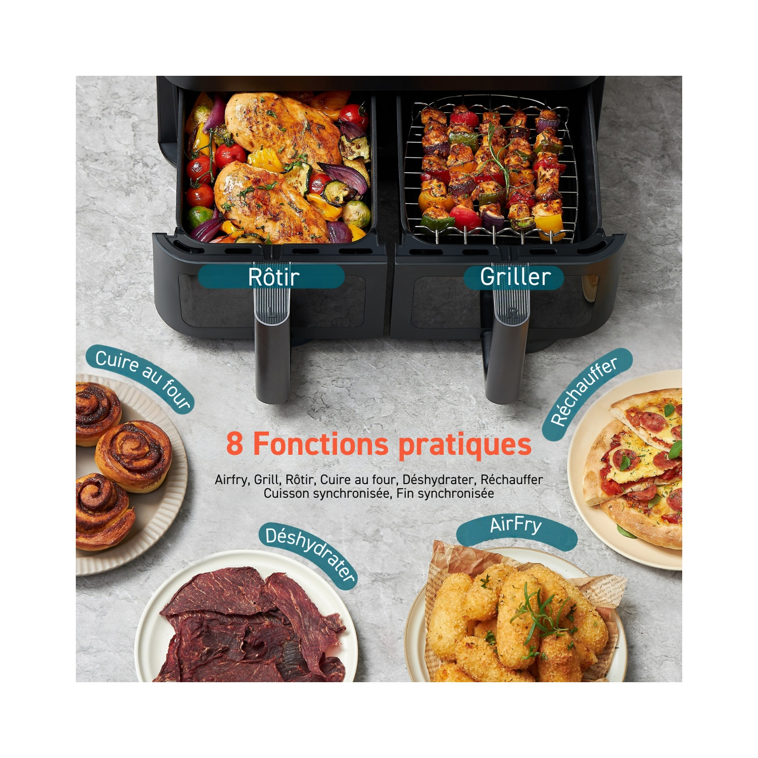 Friteuse à air noire avec deux compartiments. Inclut aliments cuits et étiquettes de fonctions.