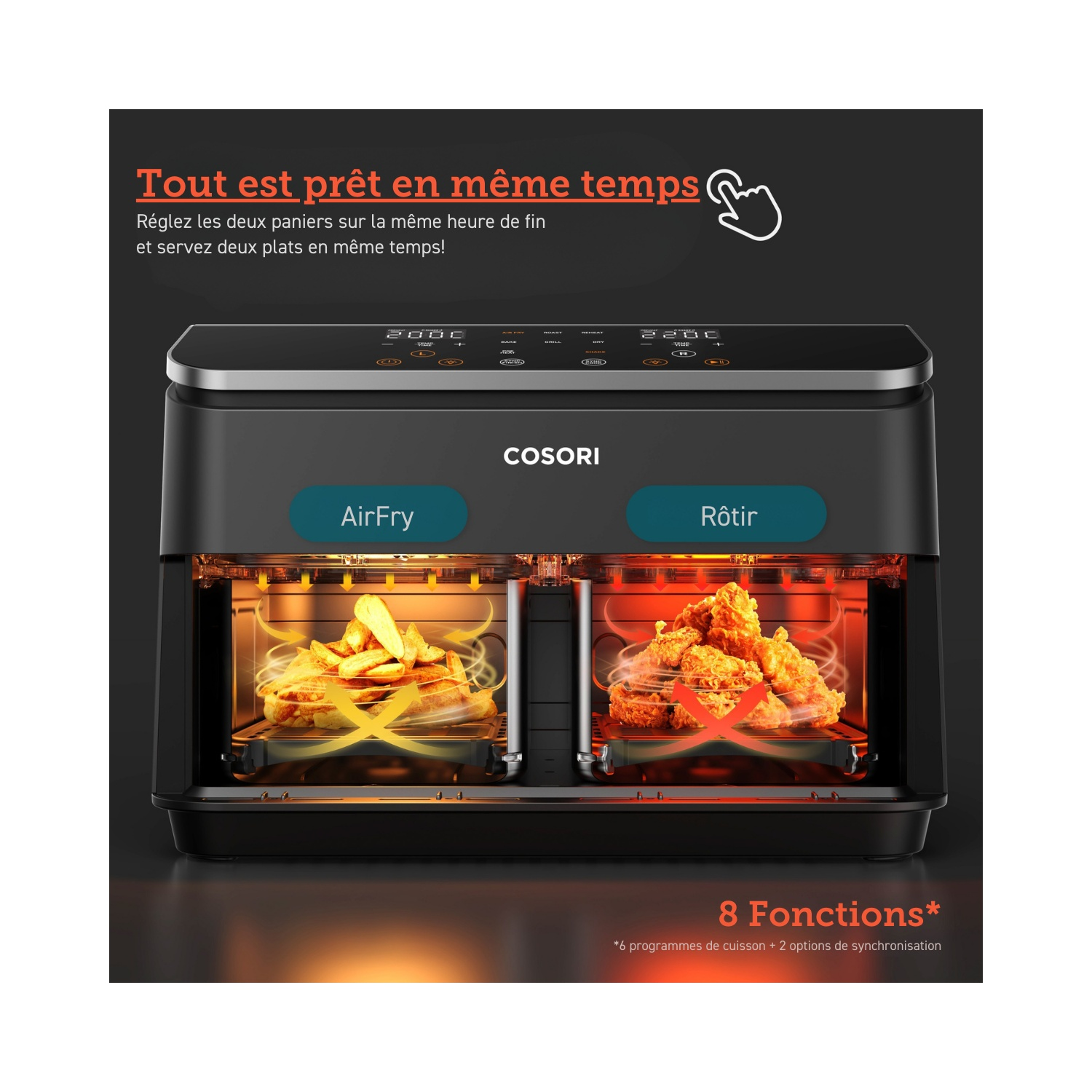 Friteuse à air noire avec deux compartiments, l'un avec des frites, l'autre avec du poulet.
