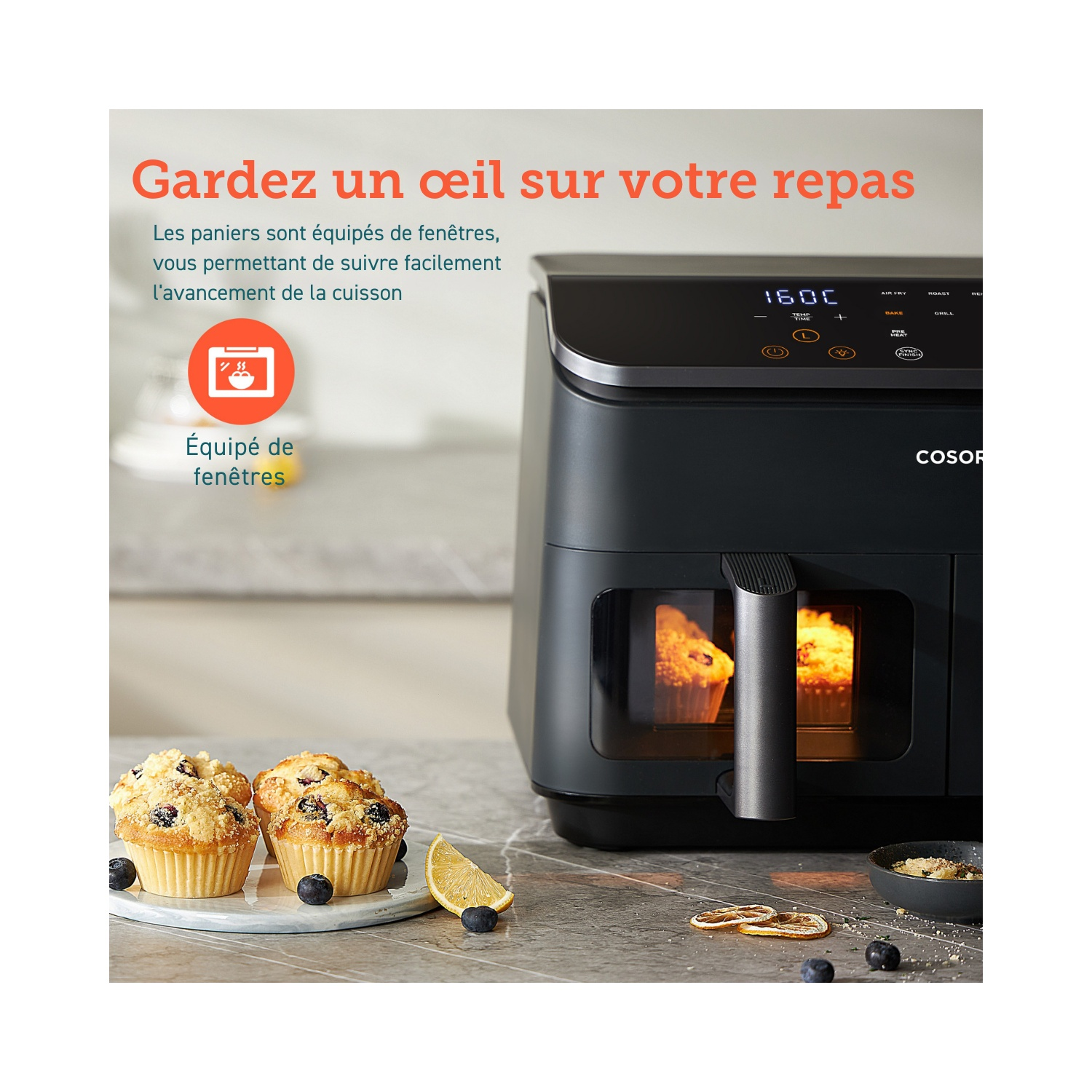 Friteuse à air noire avec des muffins et le texte : Gardez un œil sur votre repas.