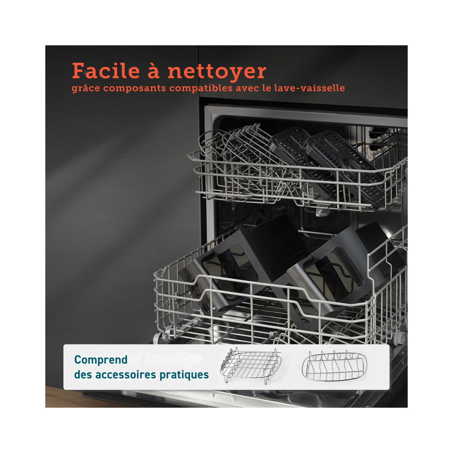 Lave-vaisselle avec paniers et accessoires. Texte dit facile à nettoyer et inclut des accessoires pratiques.