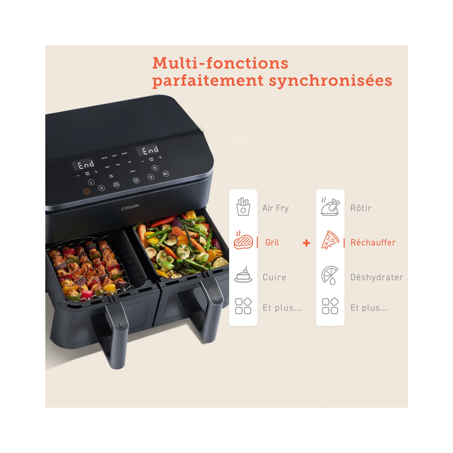 Friteuse à air noire avec aliments, icônes de fonctions, texte en français.
