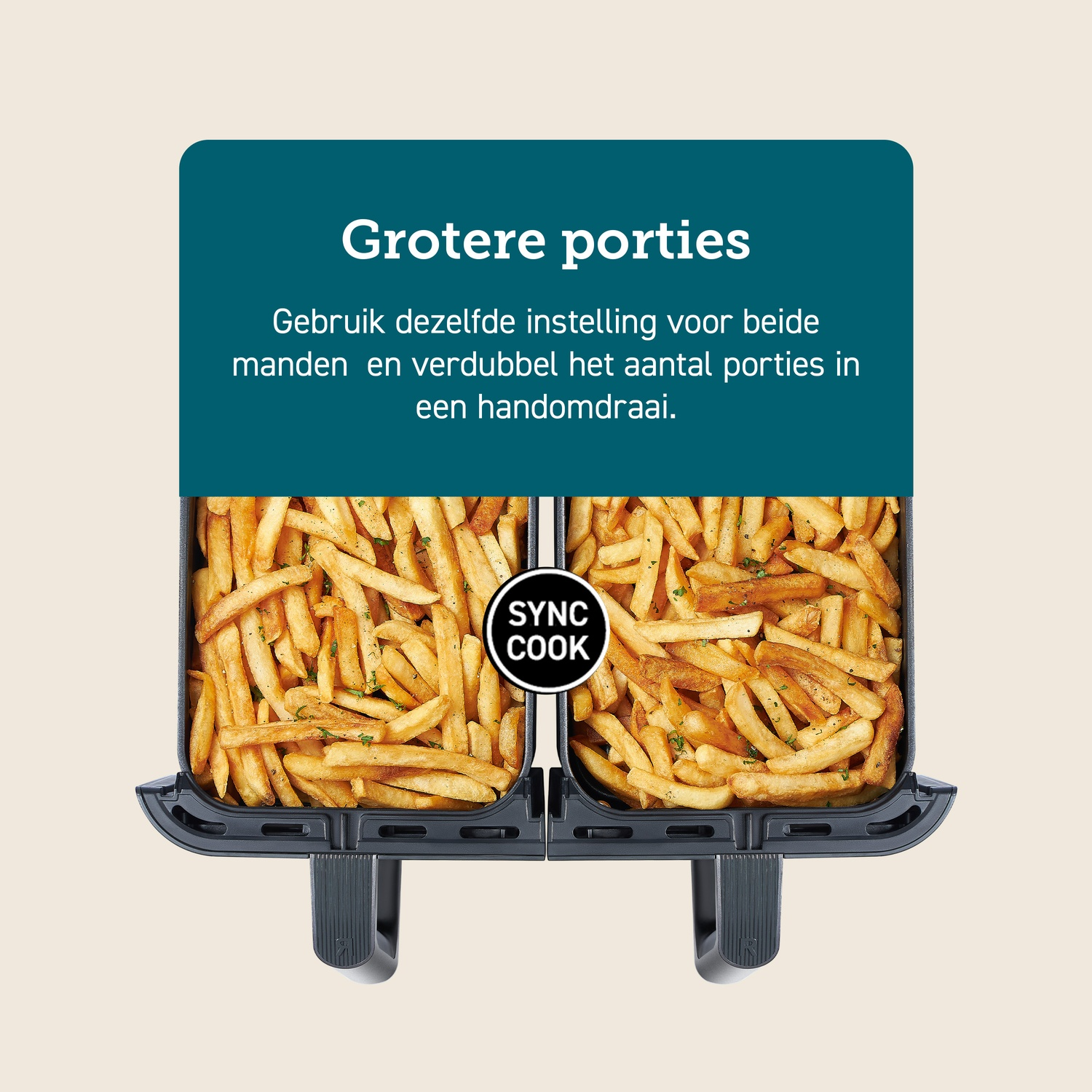 A dual-basket air fryer with fries, and the words Sync Cook.