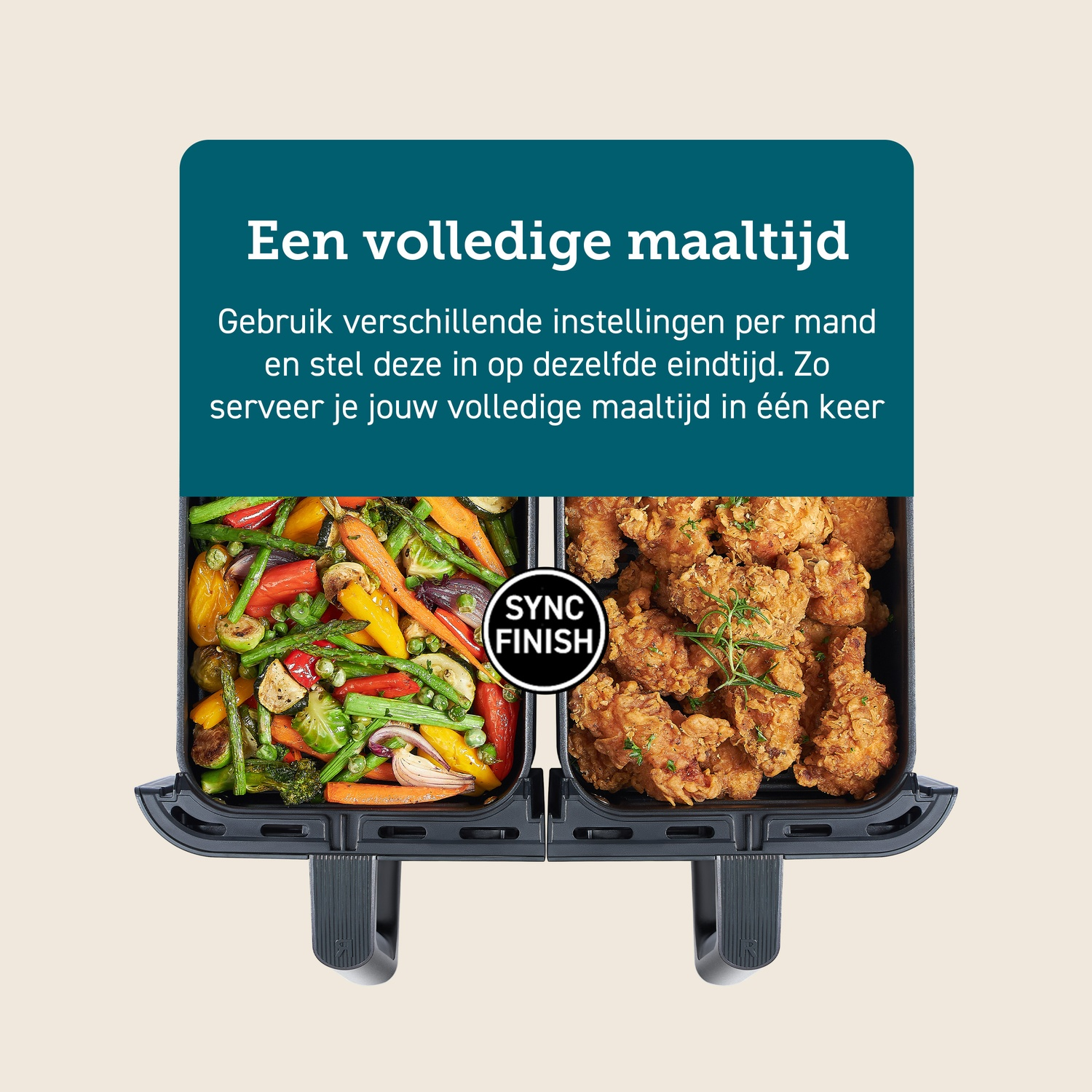 Two compartments with food. One has vegetables, the other fried chicken. Text says serve the meal at once.