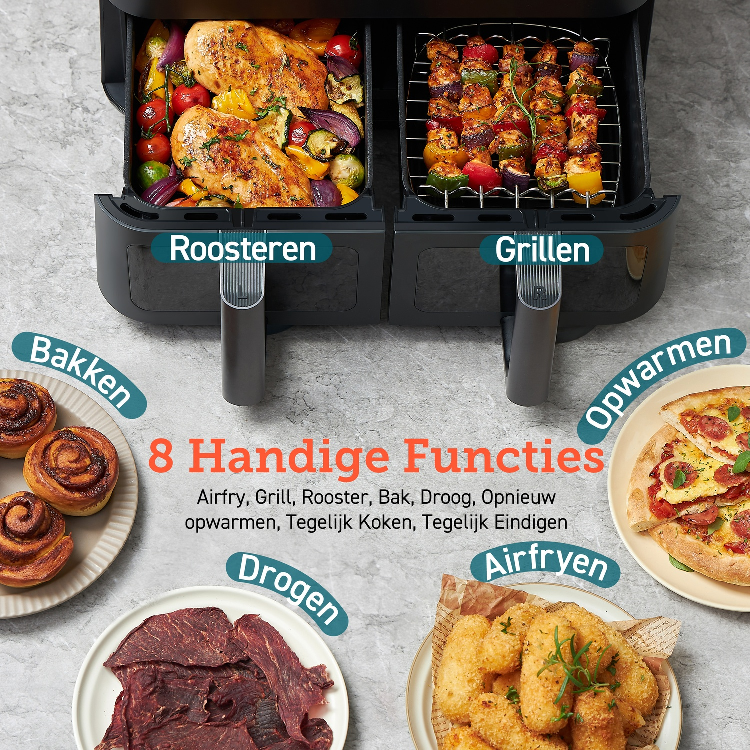 Air fryer with dual compartments, one with chicken and veggies, the other with kebabs.