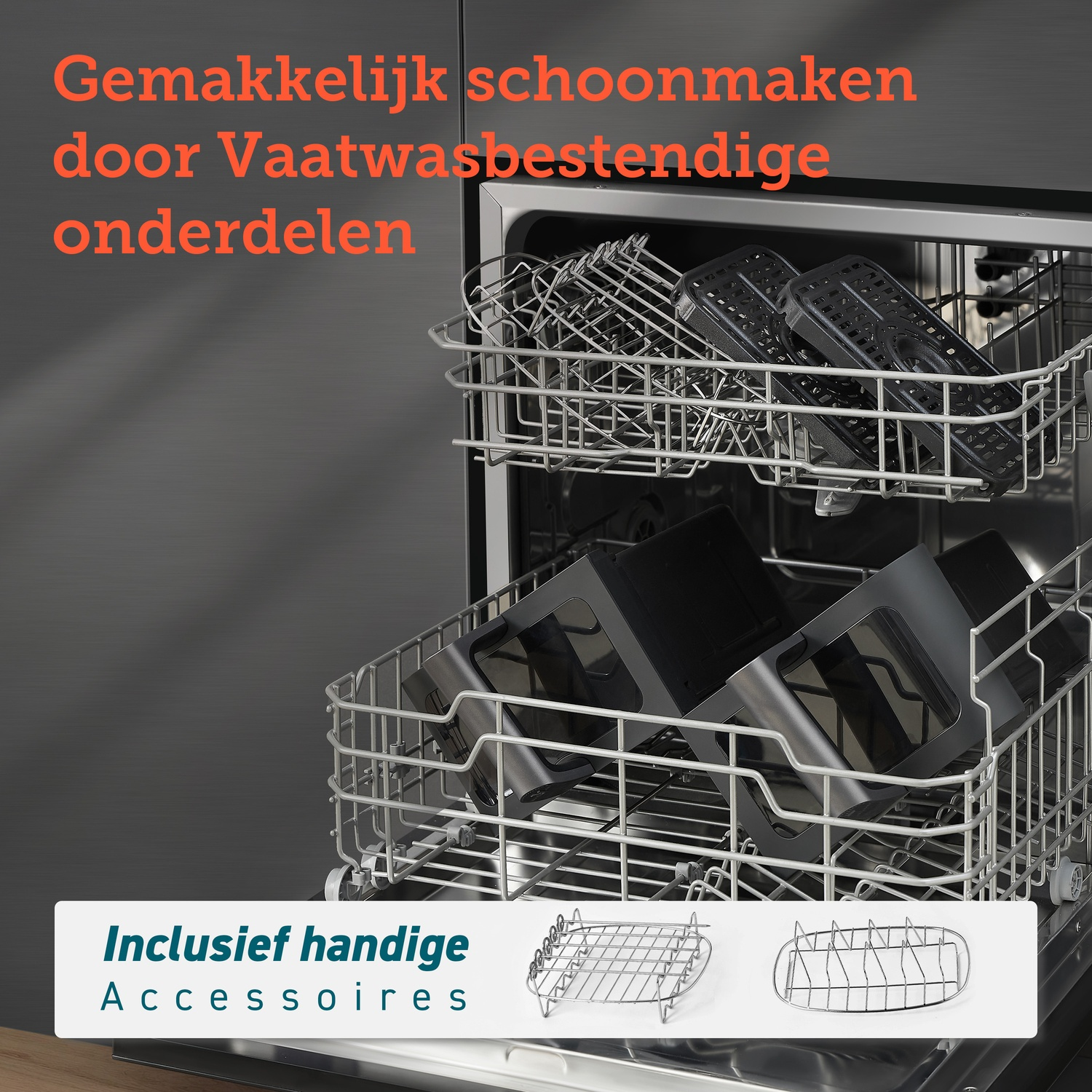 A dishwasher with racks pulled out, showing accessories, and text about easy cleaning parts.