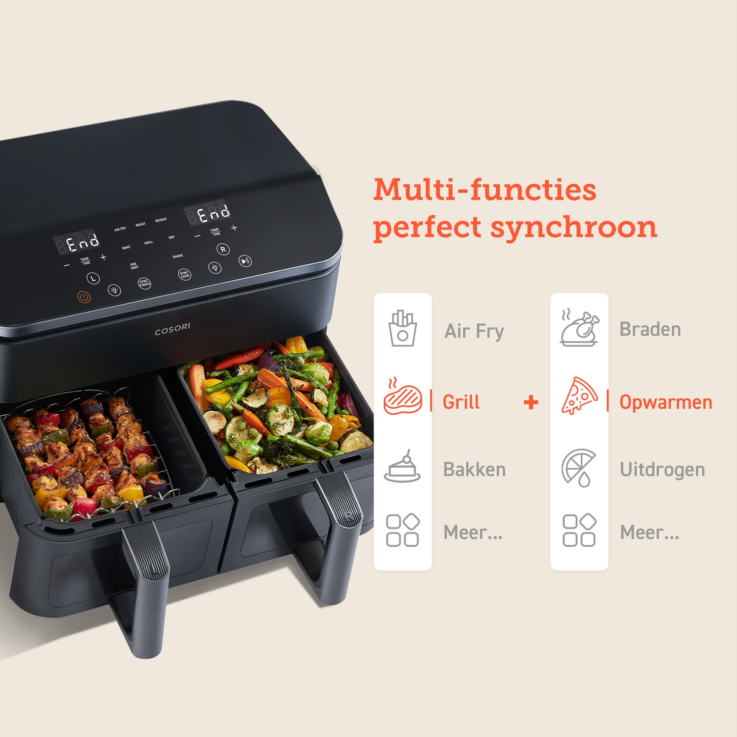 Black multicooker with two compartments, showing cooked food, with icons and text in Dutch.