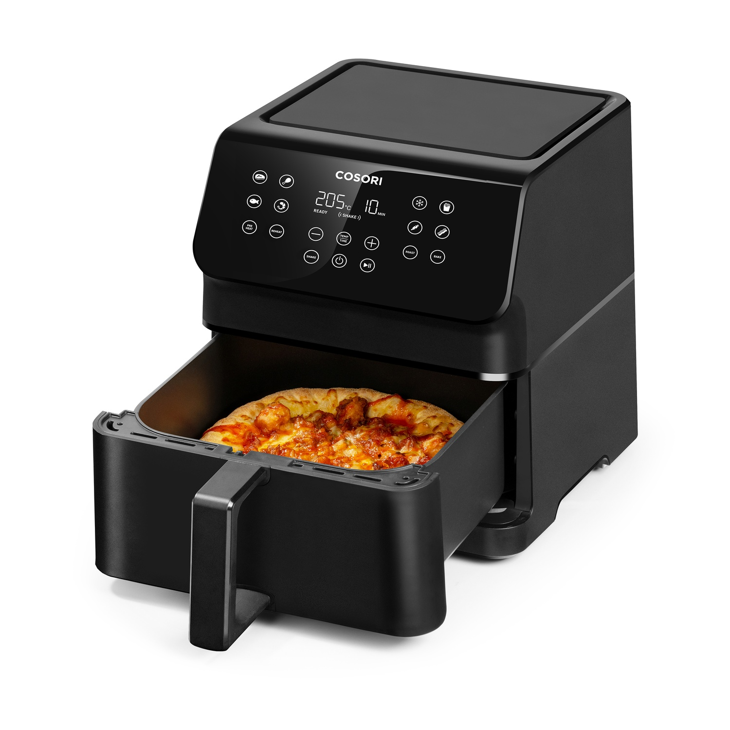 Une friteuse à air noire avec une pizza à l'intérieur, montrant les commandes numériques sur le dessus.