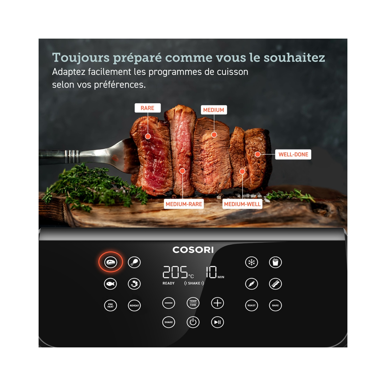 Steaks cuits sur une planche en bois, avec un panneau de commande montrant diverses options de cuisson.