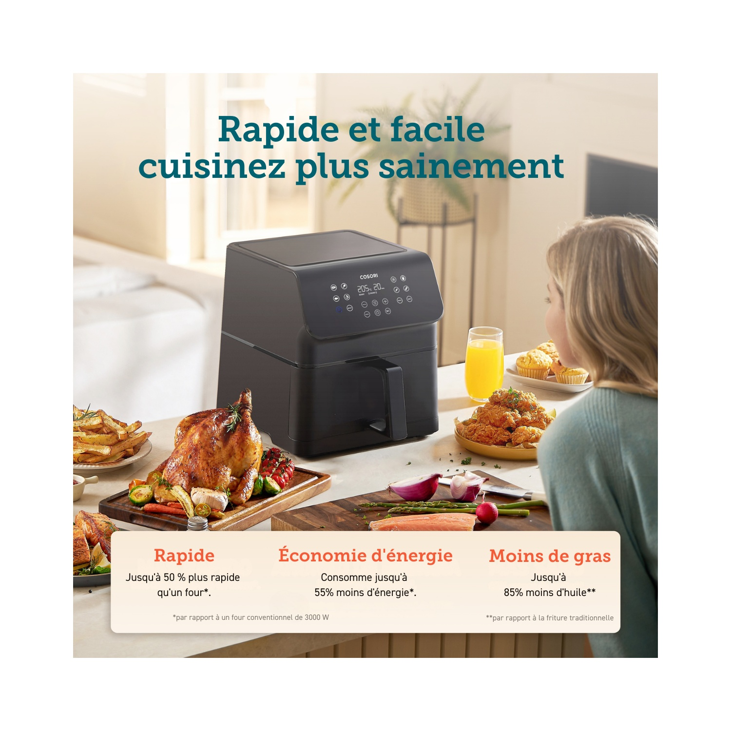 Une friteuse à air avec de la nourriture et du texte sur la vitesse, les économies d'énergie et moins de gras.