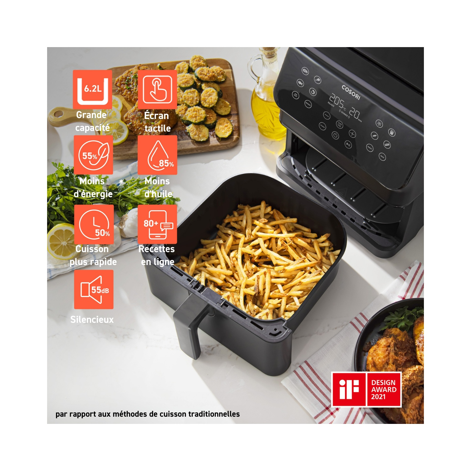 Friteuse à air noire avec frites cuites dans le panier. Le texte indique les économies d'énergie et d'huile.