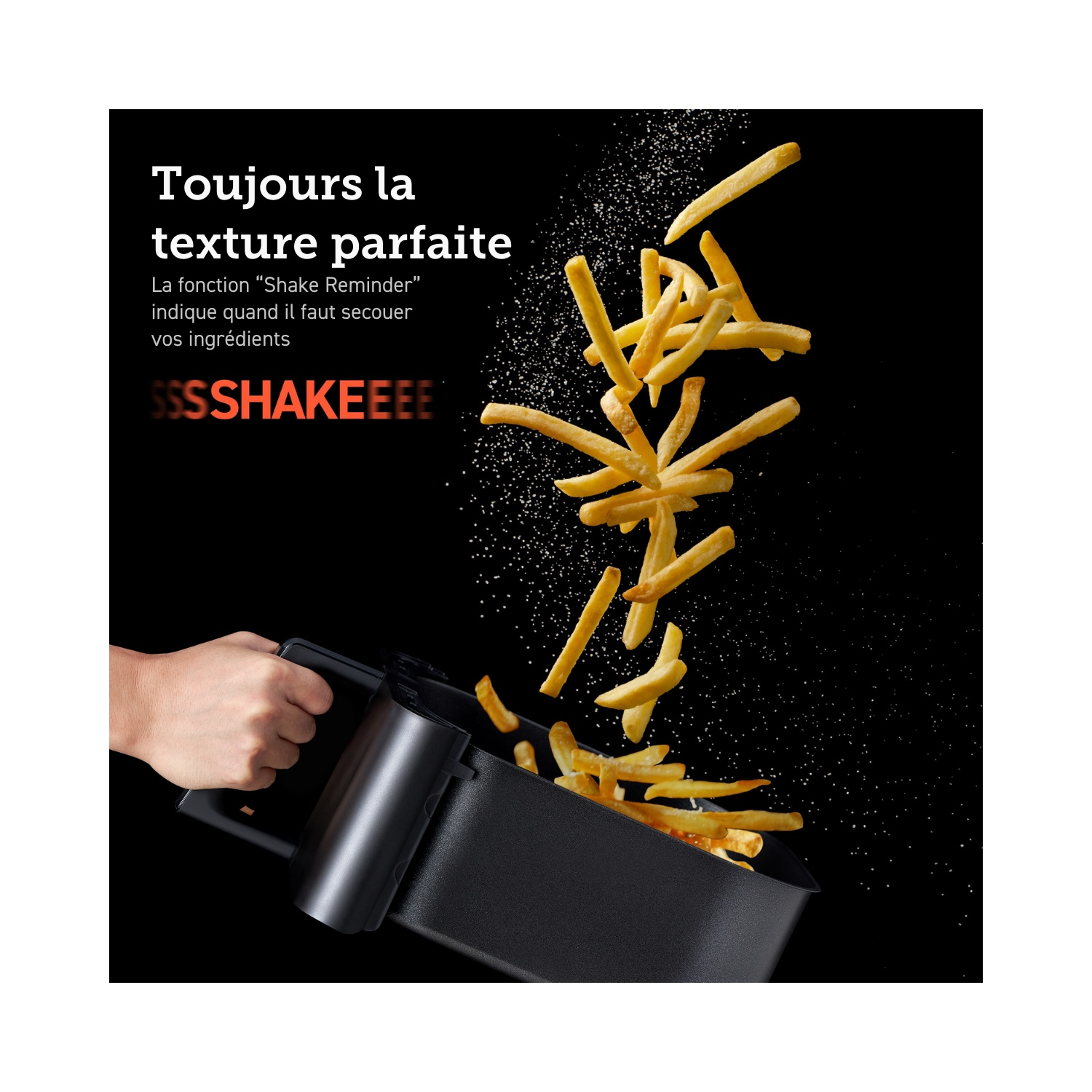 Frites tombant d'un panier. Texte : "Shake Reminder" et "Toujours la texture parfaite".
