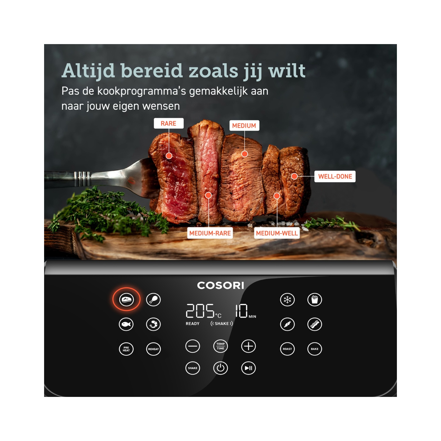 Een Cosori-apparaat dat verschillende niveaus van gebakken biefstuk laat zien, van rare tot well-done.
