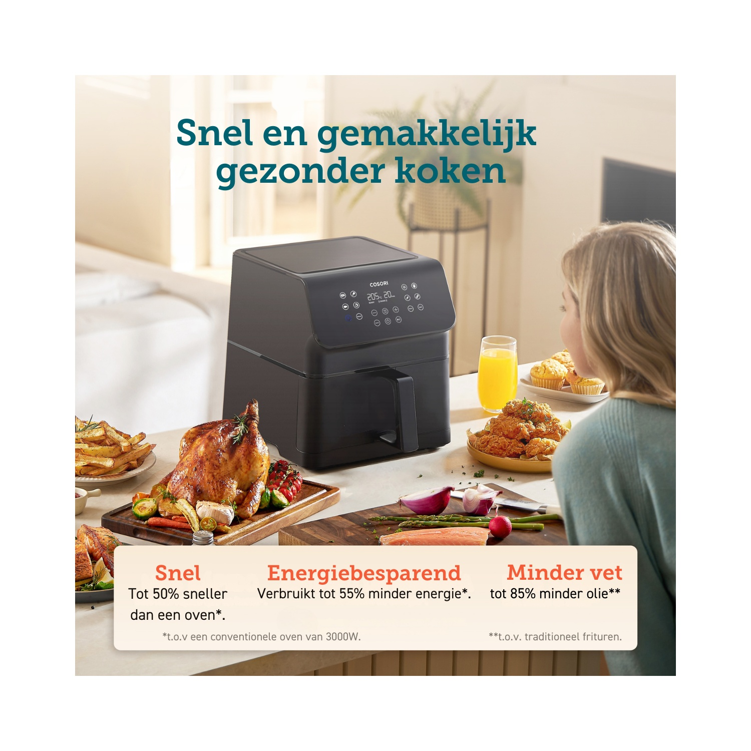 Een airfryer met eten op een tafel, een vrouw en tekst over gezonder koken.