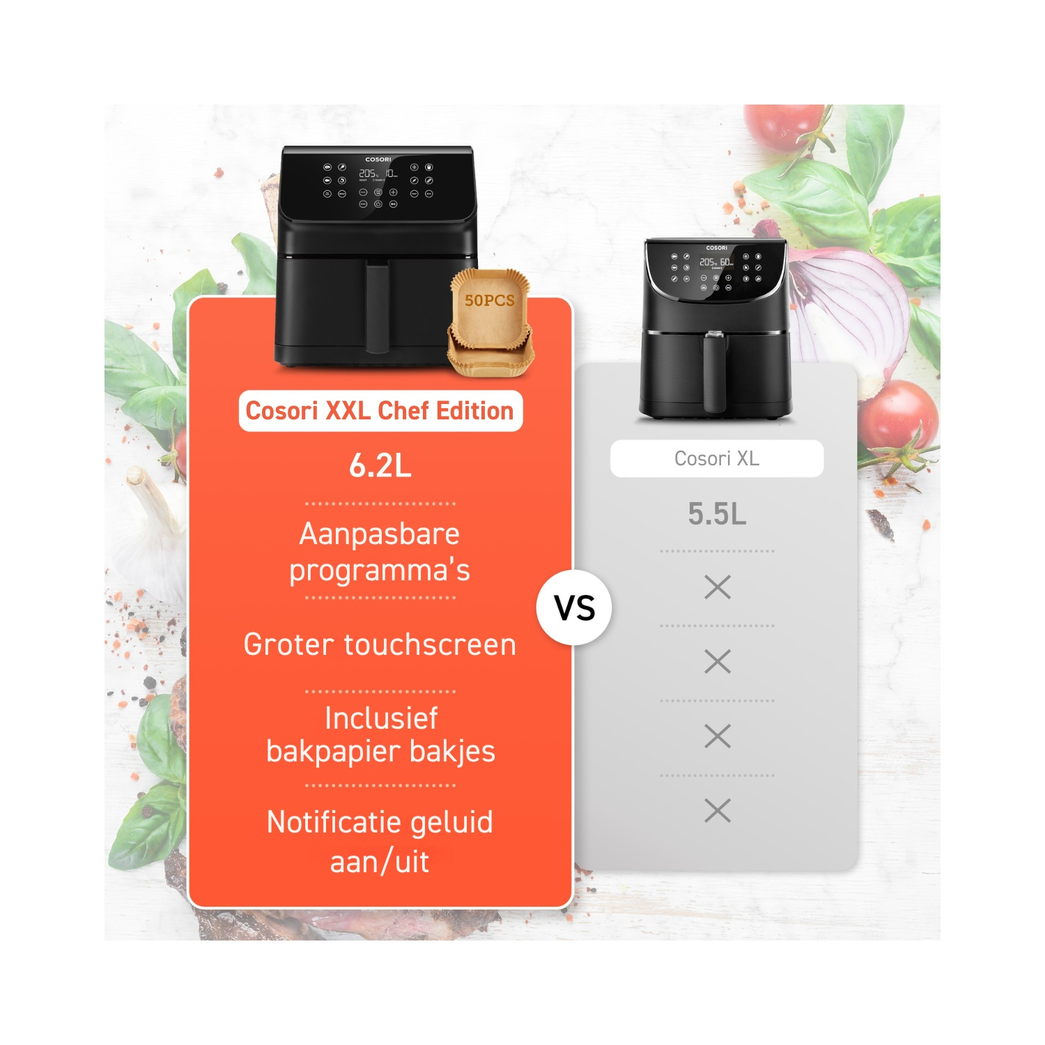 Een afbeelding die twee airfryers vergelijkt. Eén is gelabeld 'Cosori XXL Chef Edition', de andere 'Cosori XL'.