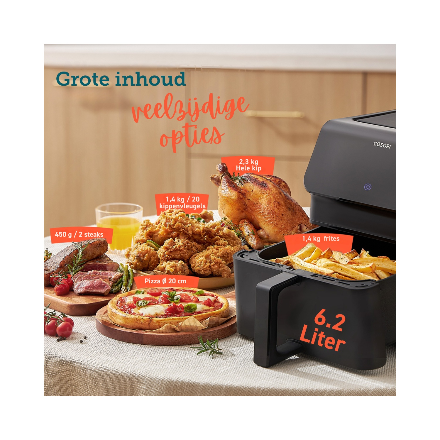 Een heteluchtfriteuse met een verscheidenheid aan gekookte gerechten, waaronder biefstuk, friet, pizza en een hele kip.