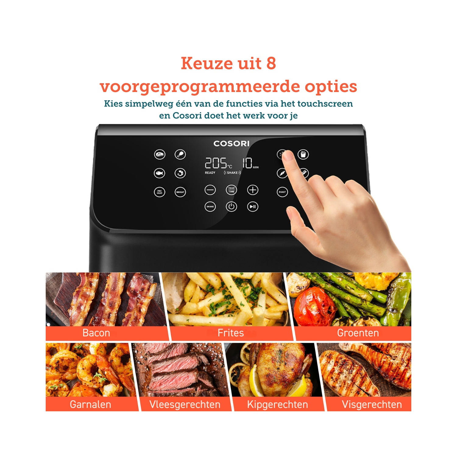 Bedieningspaneel van de airfryer met instellingen en afbeeldingen van gekookt voedsel.