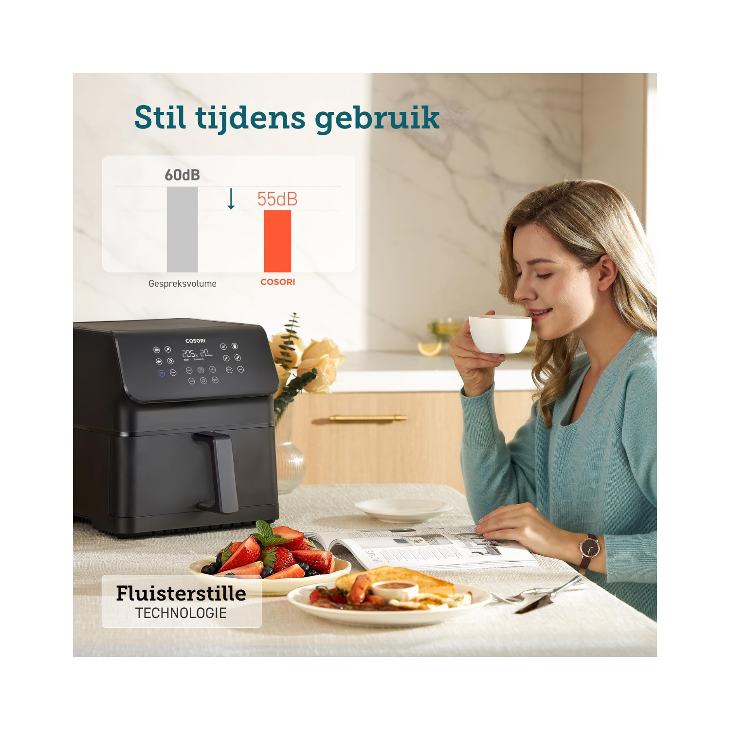 Een zittende vrouw die geniet van eten en een boek, met een heteluchtfriteuse en tekst over geluid.