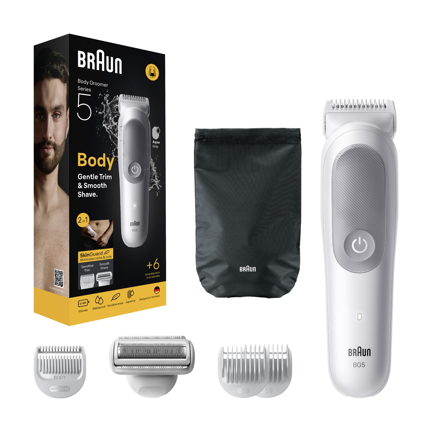 Un kit per la cura del corpo Braun, tra cui un trimmer, accessori, custodia e confezione.