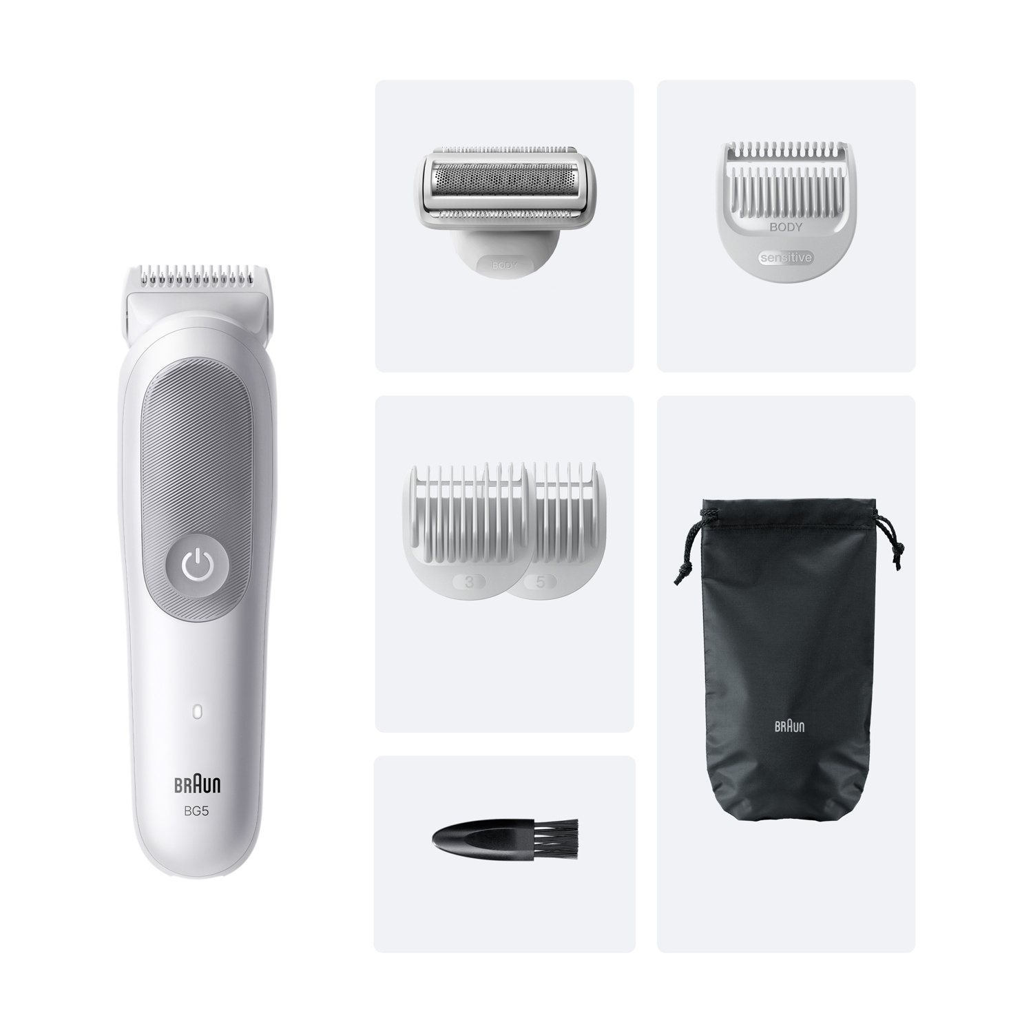 Trimmer Braun BG5 bianco e grigio con vari accessori e un astuccio nero.