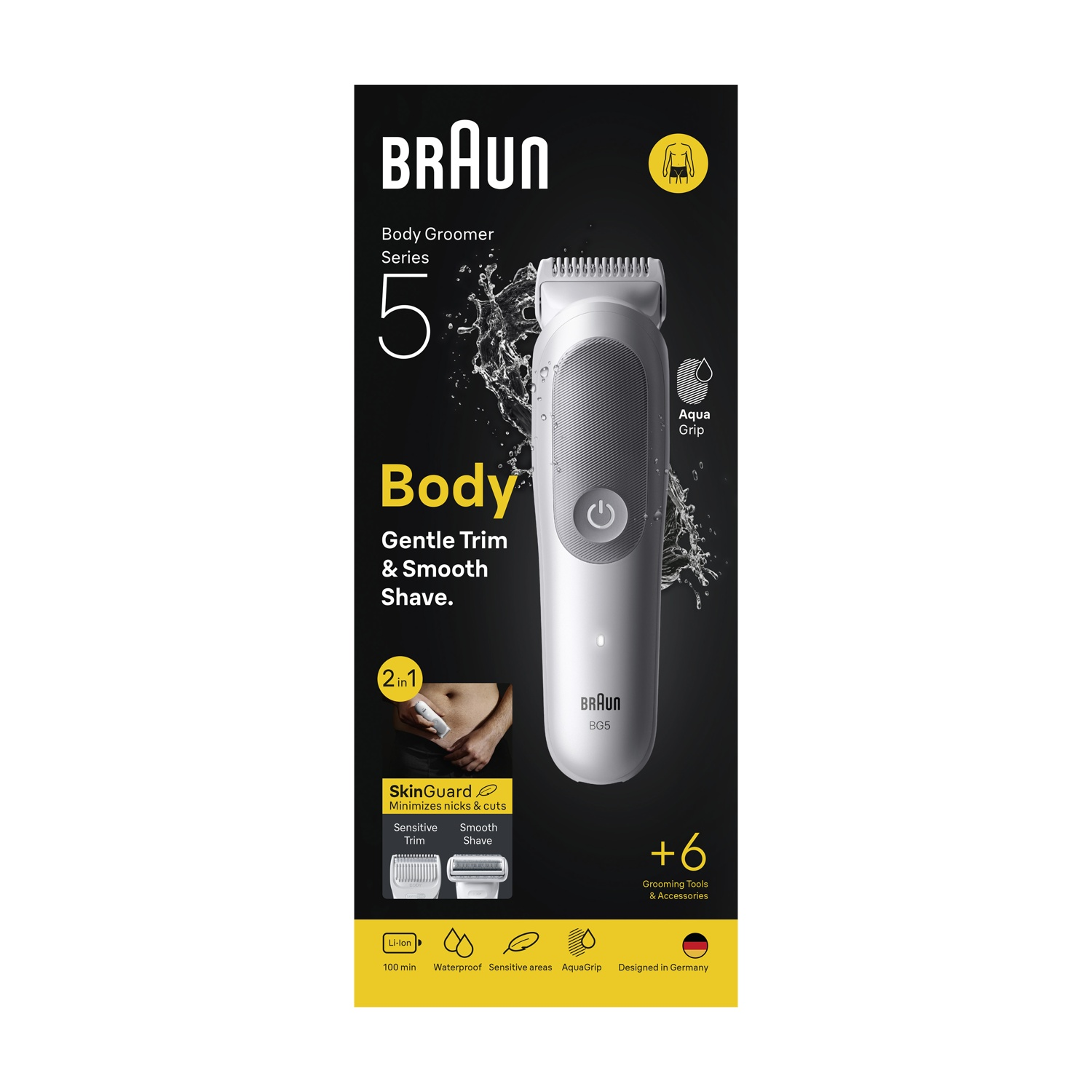 Braun Body Groomer Serie 5. È bianco e nero, con la parola 'Body'.
