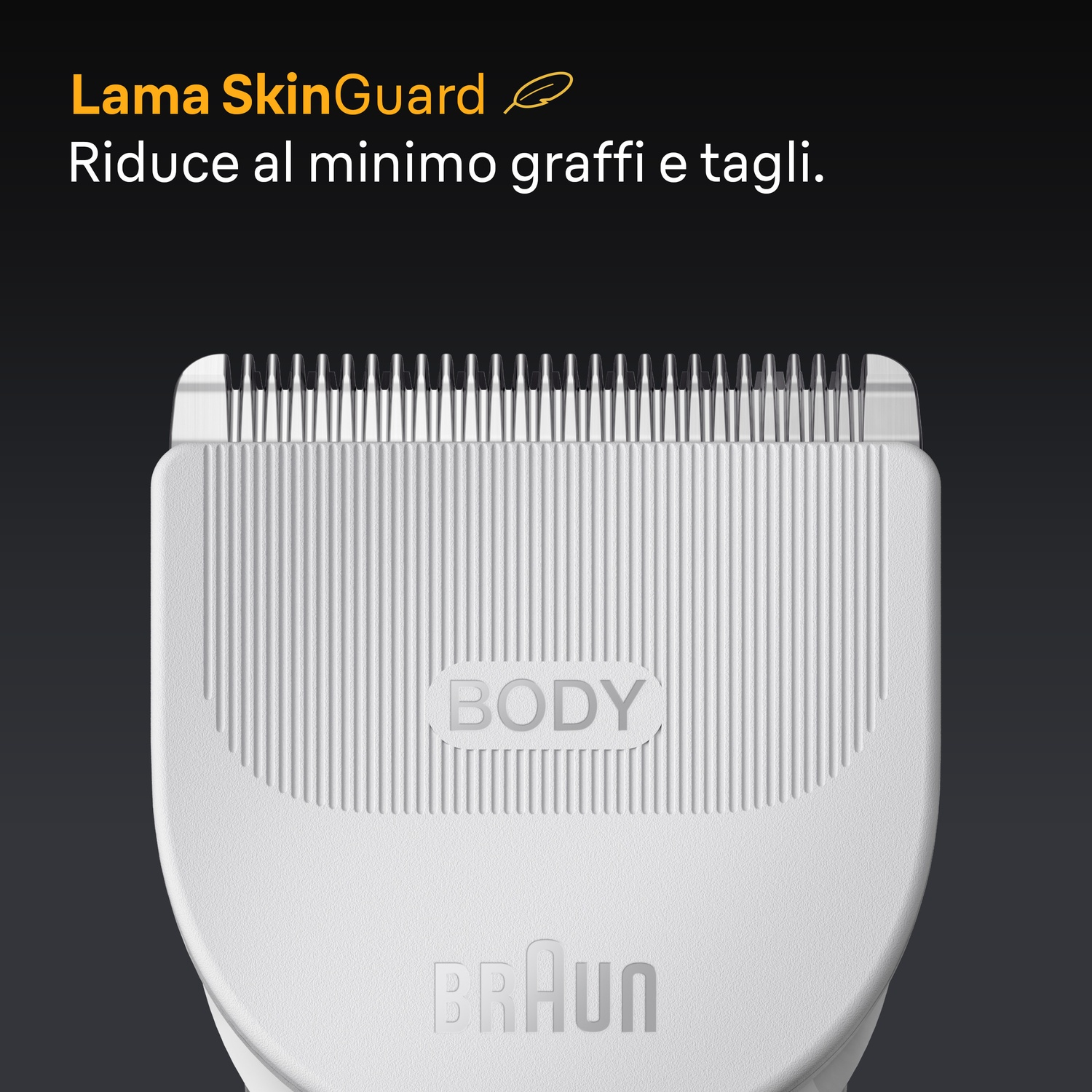 Primo piano di una testina di rasoio bianca con la scritta 'BODY'. Il testo sopra dice 'Lama SkinGuard'.