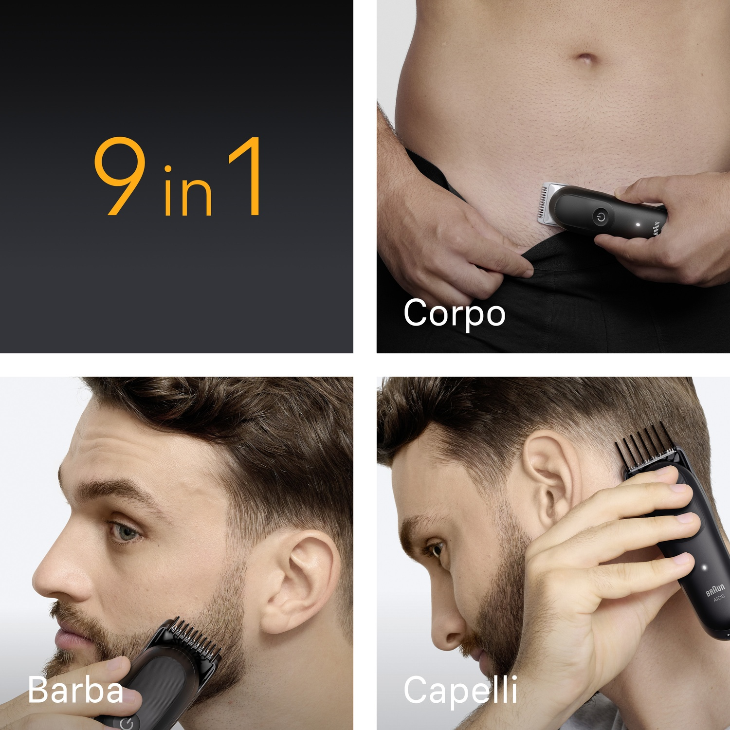 Diverse immagini che mostrano un kit per la cura del corpo, della barba e dei capelli. Il testo recita '9 in 1', 'Corpo', 'Barba' e 'Capelli'.