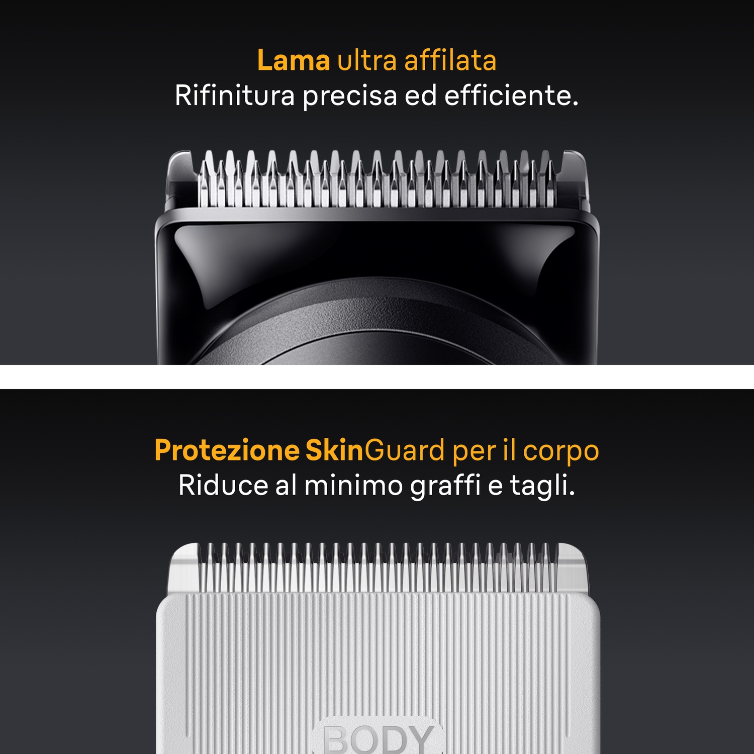 Primo piano di una lama del rasoio. Testo: "Lama ultra affilata". In basso, protezione. Sfondo nero.