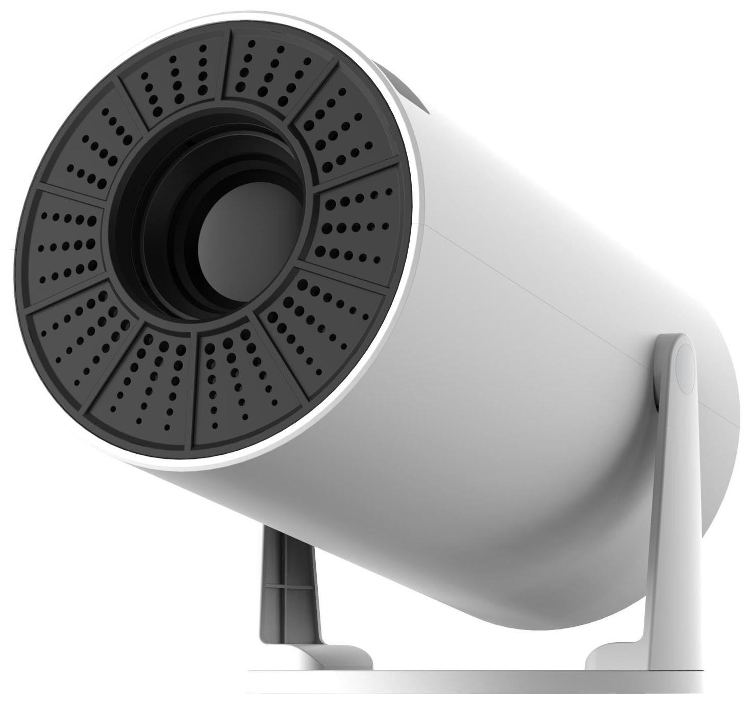 Biały, cylindryczny projektor z czarnym, perforowanym przodem i stojakiem.