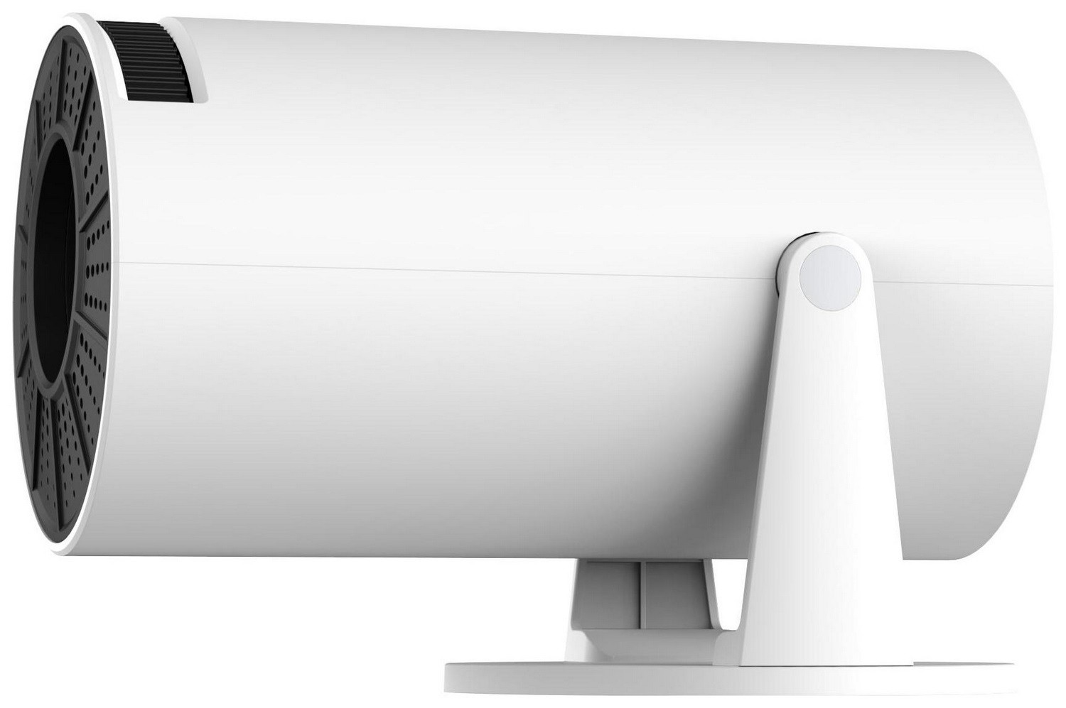 Białe cylindryczne urządzenie, prawdopodobnie projektor, na stojaku, czarne akcenty.