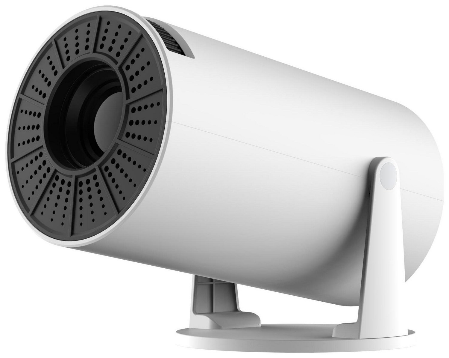Biały cylindryczny projektor na statywie, z ciemnym, perforowanym przodem i czystym, minimalistycznym designem.